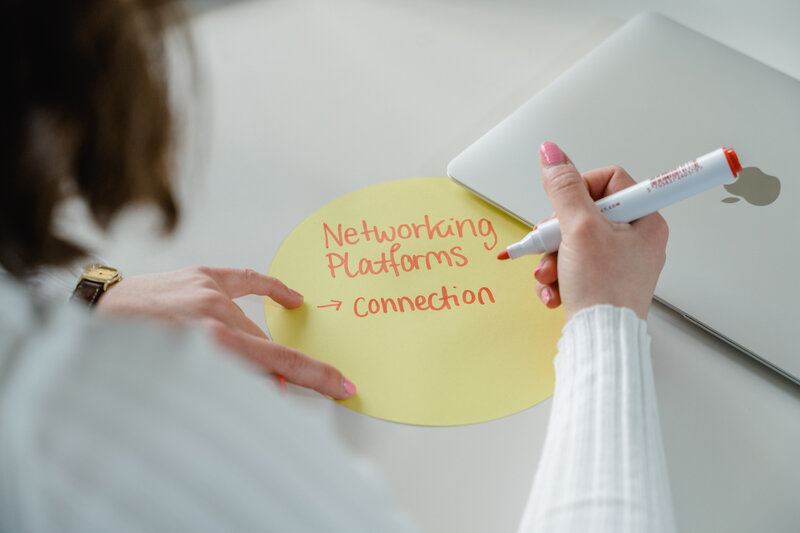 Schriftzug_Networking Eine Person schreibt den Schriftzug "Networking Platforms Connections" auf einen gelben, runden Zettel.