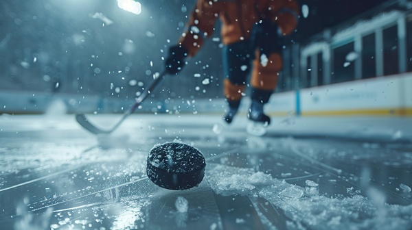 Ein Eishockeyspieler ist in Bewegung, während ein Puck auf dem Eis liegt. | © AdobeStock.VagnerCastro