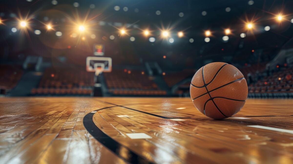 Ein Basketball liegt auf einem beleuchteten Basketballfeld | © AdobeStock.Arianne