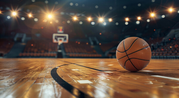 Ein Basketball liegt auf einem beleuchteten Basketballfeld | © AdobeStock.Arianne