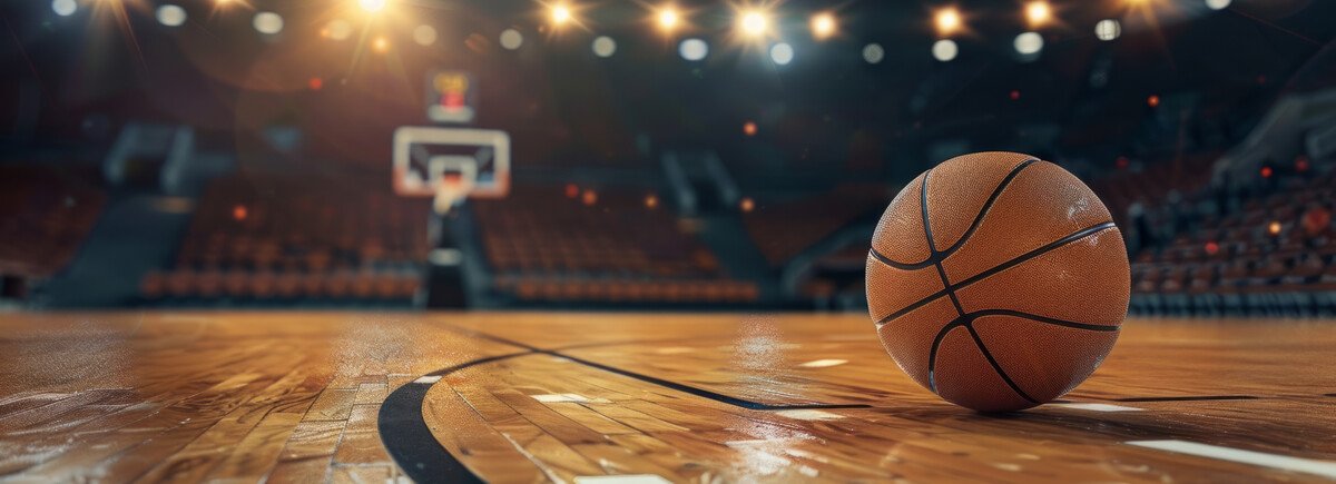 Ein Basketball liegt auf einem beleuchteten Basketballfeld | © AdobeStock.Arianne