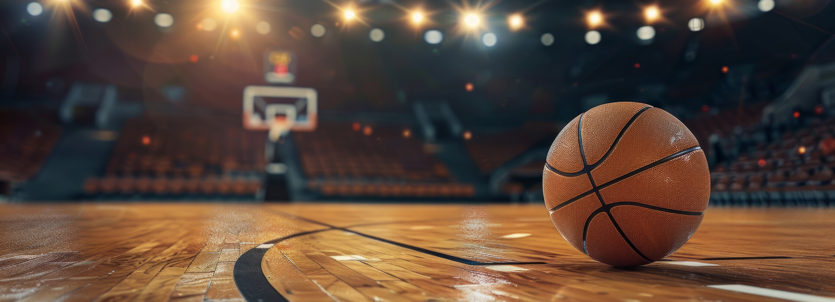 Ein Basketball liegt auf einem beleuchteten Basketballfeld | © AdobeStock.Arianne