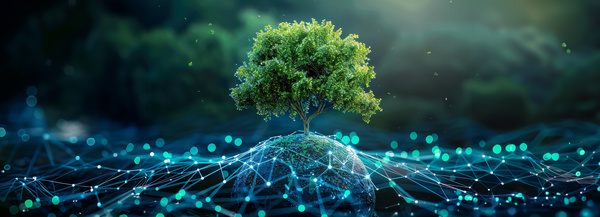 Ein Baum wächst auf einem kleinen, digital vernetzten Planeten, umgeben von leuchtenden Linien und Punkten, die Technologie und Natur verbinden. | © AdobeStock_907142376_ChaoticMind