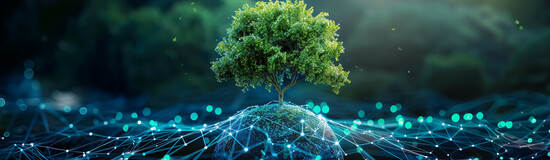 Ein Baum wächst auf einem kleinen, digital vernetzten Planeten, umgeben von leuchtenden Linien und Punkten, die Technologie und Natur verbinden. | © AdobeStock_907142376_ChaoticMind