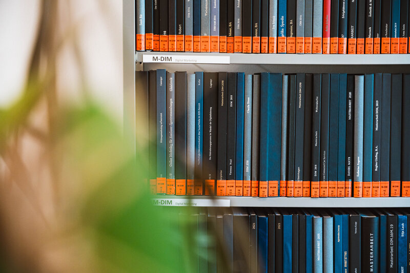 Literaturrecherche: Gesammelten Masterarbeiten im Lesesaal der kubi Regal mit gesammelten Masterarbeiten im Lesesaal der kubi, gebundene Bücher mit schwarzen und blauen Einbänden, orangefarbene Etiketten an den Buchrücken.