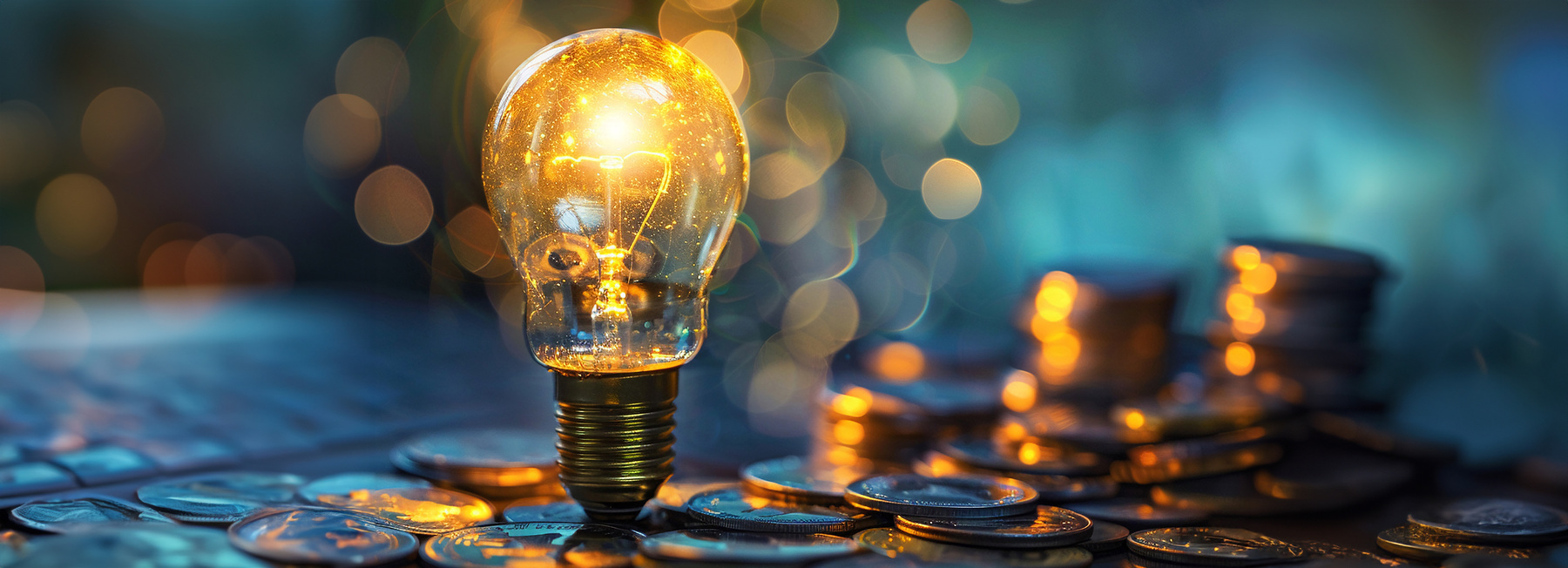7EURCash_Header_AdobeStock Eine leuchtende Glühbirne steht aufrecht auf einer Oberfläche, die mit Münzen bedeckt ist.