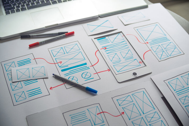 Wireframe Sammlung von Wireframe-Skizzen auf Tisch, Layout-Designs für Website/mobile Anwendung, rote Pfeile: Ablauf/Sequenz im Design, Laptop im Hintergrund
